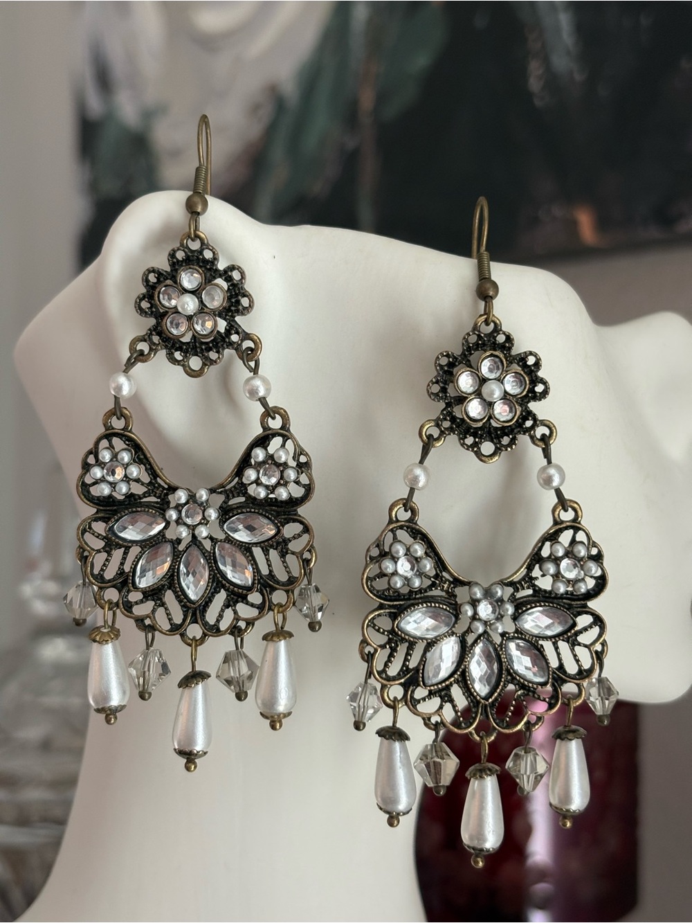 Boho Chandelier Earrings | Antiqued Bronze, Faux Pearl & Crystal